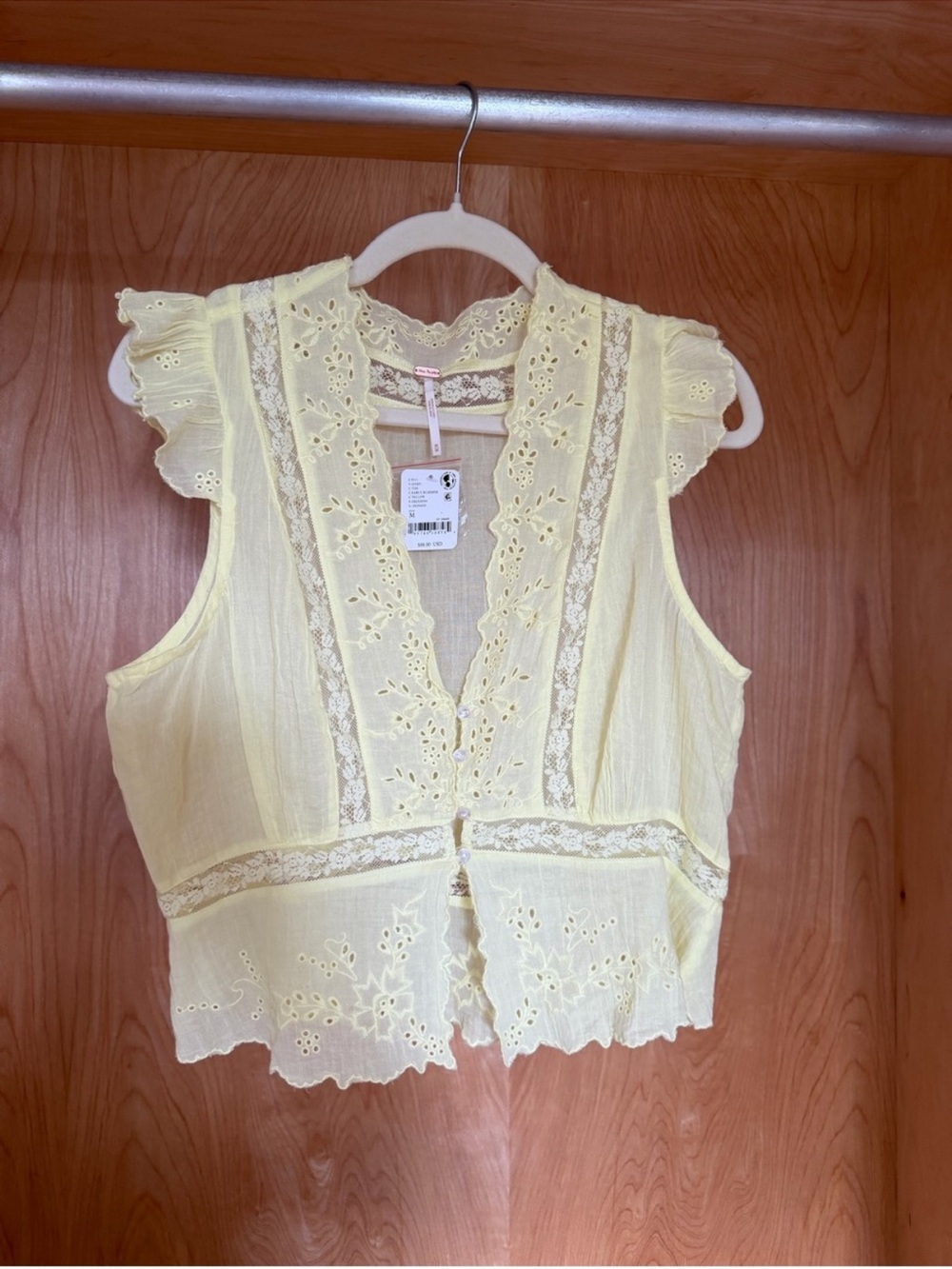 Free People Daydreamer Light Yellow Lace Eyelet Cropped Tank Top